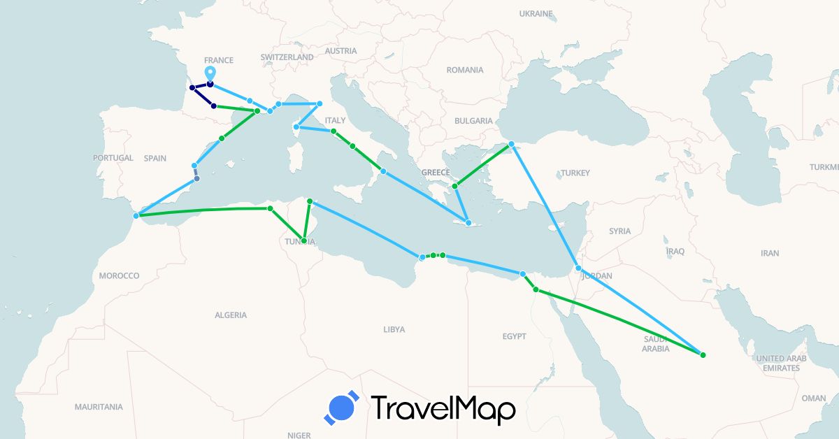 TravelMap itinerary: driving, bus, cycling, boat in Algeria, Egypt, Spain, France, Greece, Israel, Italy, Libya, Morocco, Monaco, Saudi Arabia, Tunisia, Turkey (Africa, Asia, Europe)